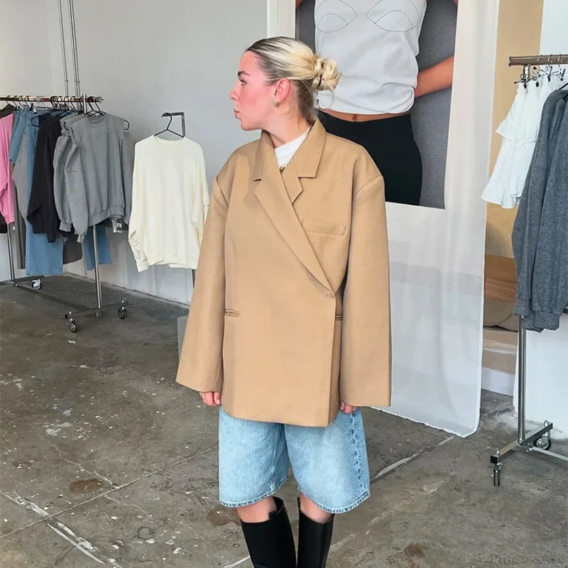 Casual Oversized Luxury One Button Notched Slit Shoulder Pads Blazer Khaki / S