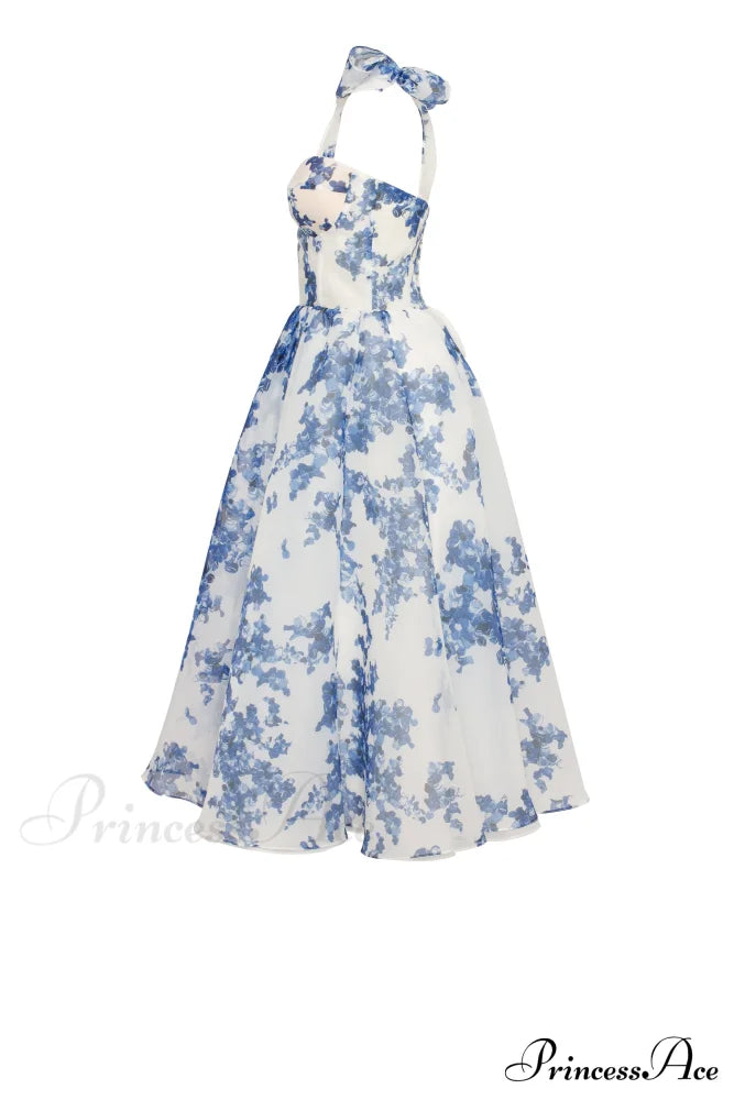 Charming Blue Hydrangea-Patterned Organza Graceful Midi Dress, Garden Of Eden