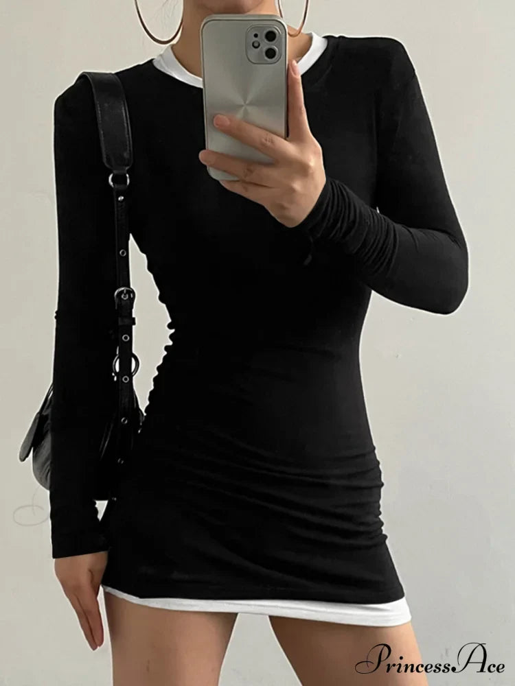 Contrast Binding Bodycon Long Modern Sleeve Knit Mini Dress Dresses