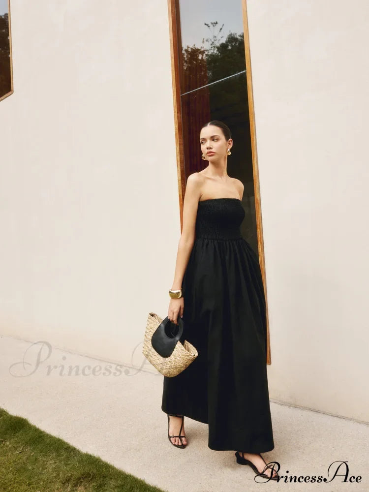 Cotton & Linen Trendy Pleat Strapless Long Dress Dresses