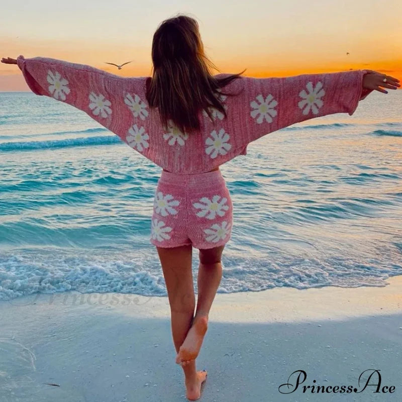 Cute Floral Print Pullover Knit Classic Shorts Matching Set - Khaki Xl / Pink Sets