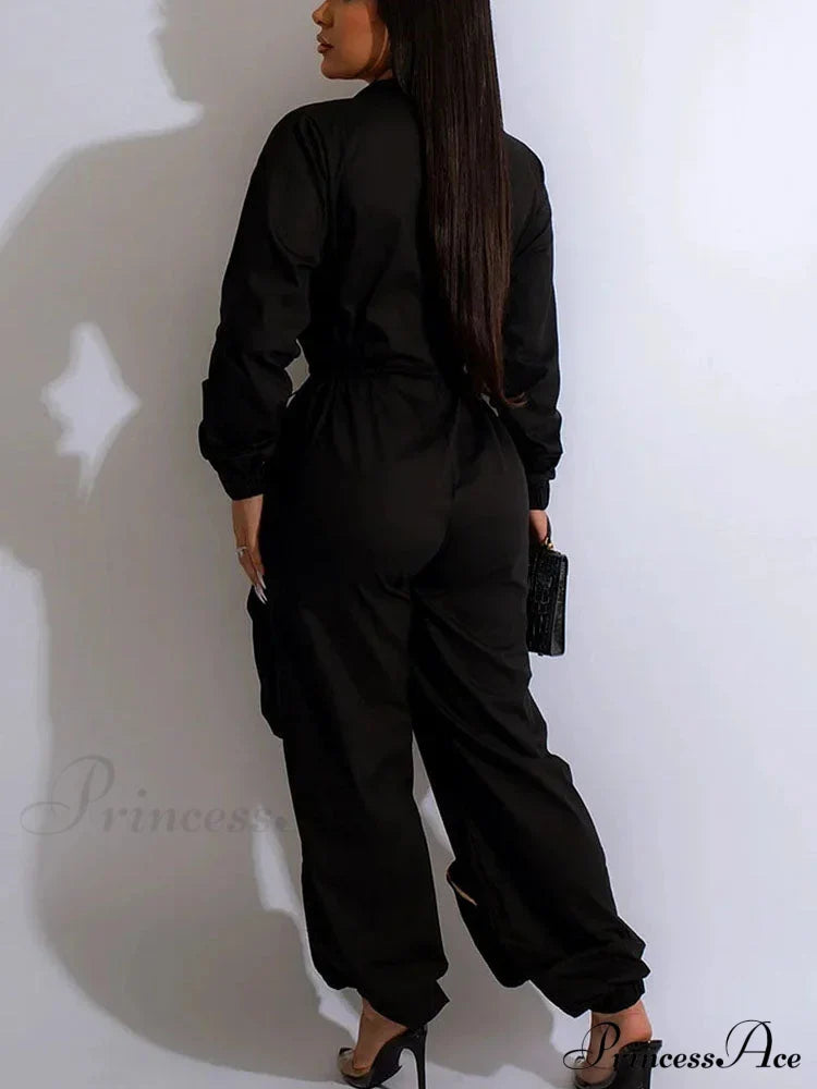 Deep V Shawl Collar Bishop Classic Sleeve Puffer Jacket - Black Jumpsuits & Rompers