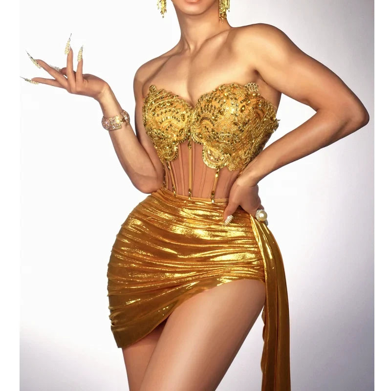 Golden Diamond Strapless Mini Dress Gold / S PartyDress-241208