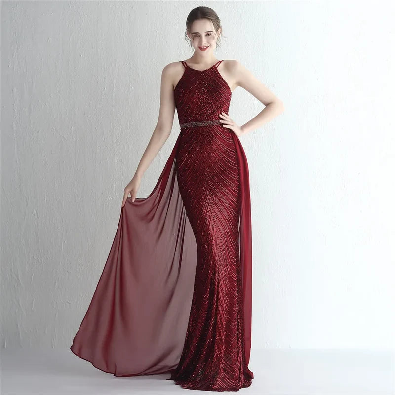 Green Off Shoulder Tassel Sequin Evening Dress Sexy Cross Back Christmas Party Claret / 2 Dresses-L