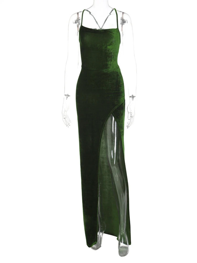 Green Velvet Lace-Up Maxi Dress - Backless Bodycon Christmas Party Dresses-L