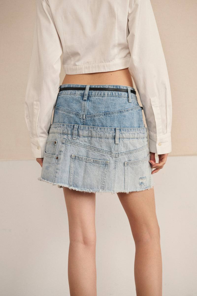 Layered light wash denim skirt