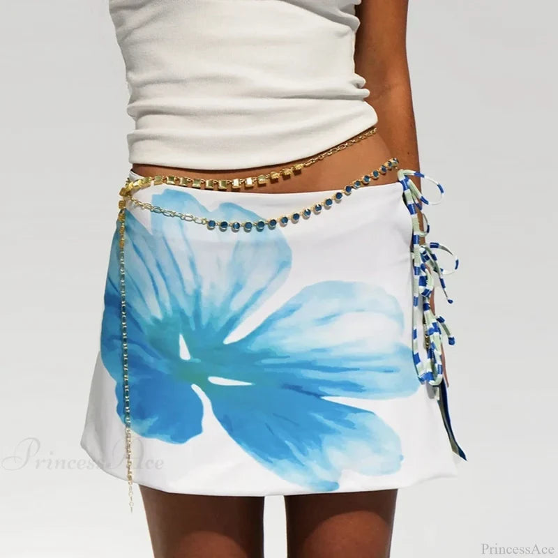 Multi-wear style Floral Print Mini Skirt Crop Tops Women Slim Low Waist Side Split Tie-Up Bodycon Skirt Y2K Vintage