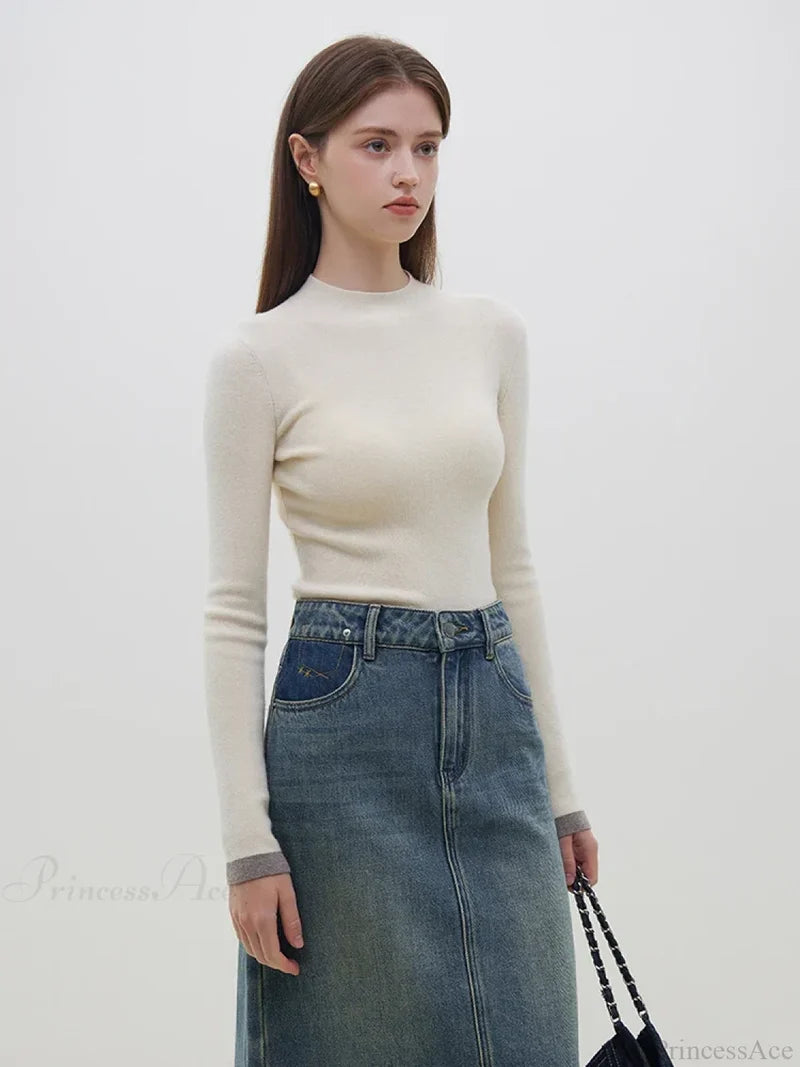 Multiple Colors Half Turtleneck Slim Knitted Sweater creamy-white / S