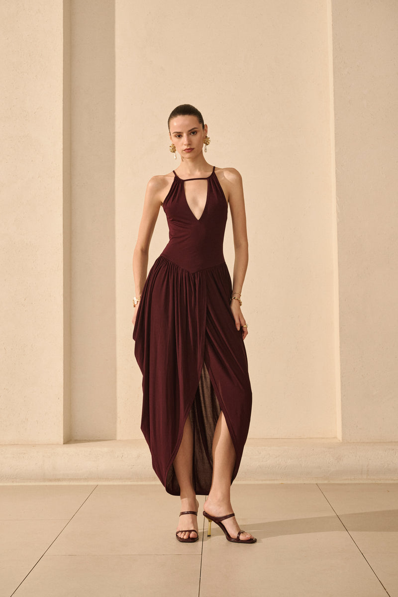 Open back draped asymmetrical dress