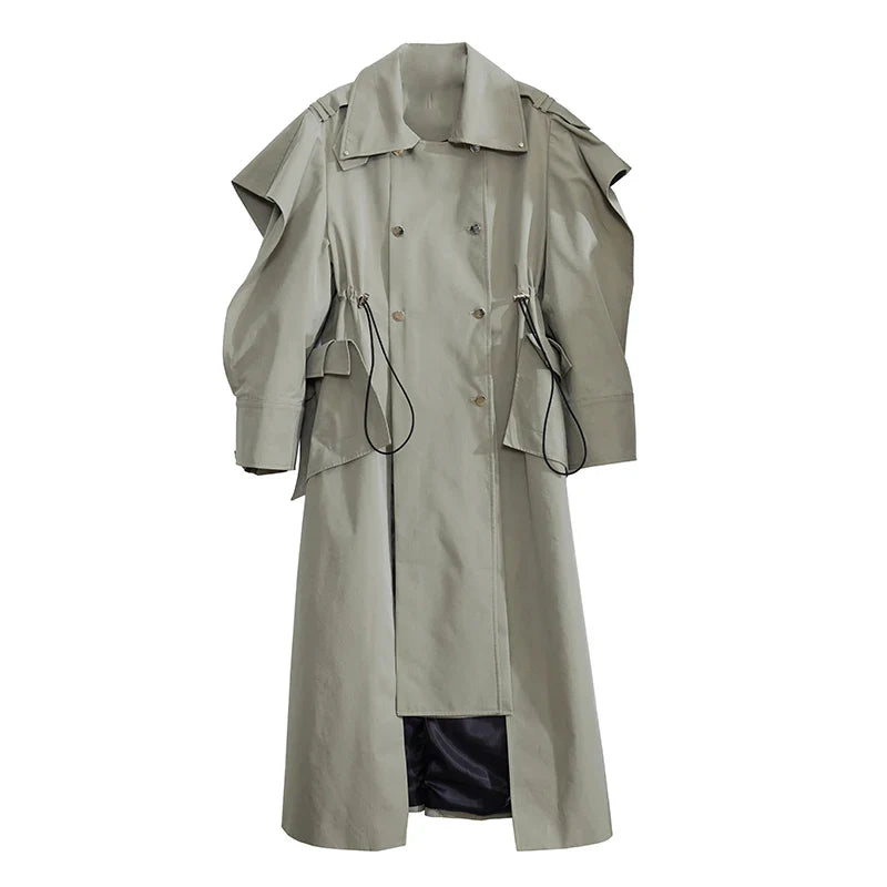 Plus Size Elegant Long Drawstring Waist Double Breasted Luxury Designer Stylish Coat