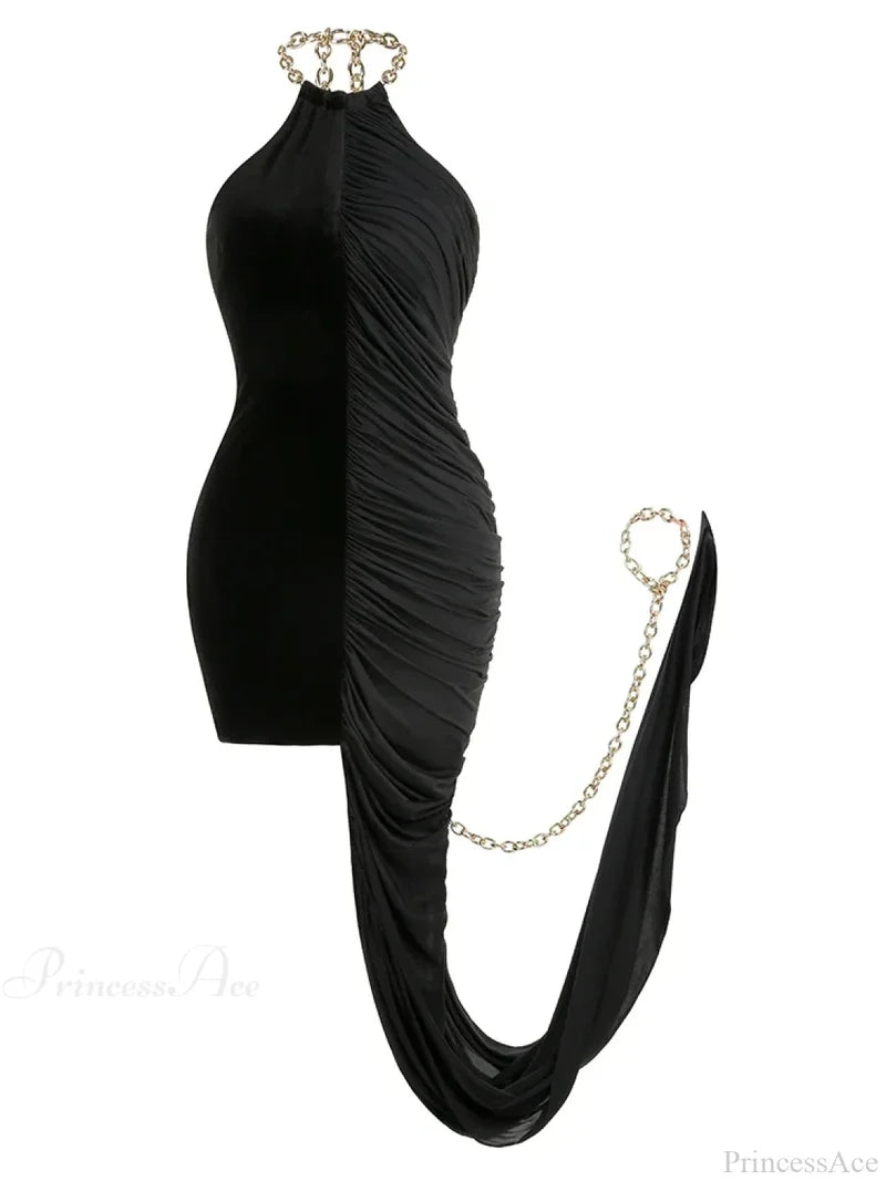 Sexy Chain Halter Neck Patchwork Flods Black Sleeveless Backless Evening Christmas Party Dress / Xs
