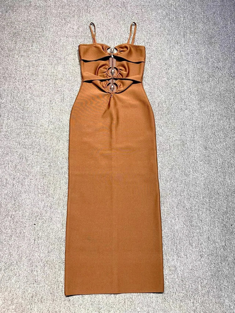Sexy Spaghetti Strap Hollow Out Bandage Black Green Sleeveless Christmas Party Dress Brown / S