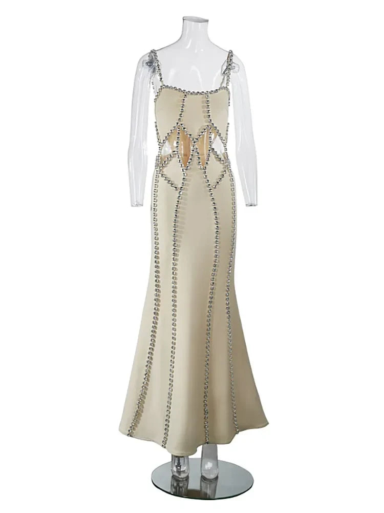 Sexy Spaghetti Strap Hollow Out Crystal Bandage Dress Sleeveless Christmas Party Beige / S Dresses-L