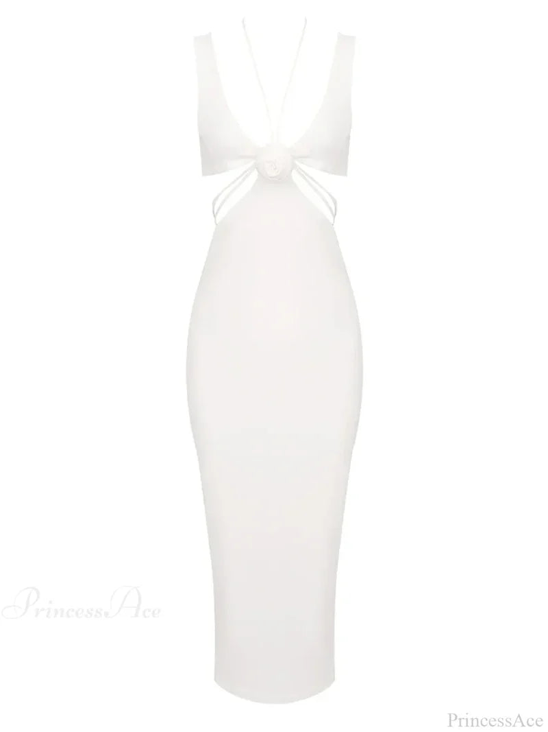 Sexy V Neck Flower Hollow Out Design Midi Dress Halter Christmas Party White / S Dresses-L