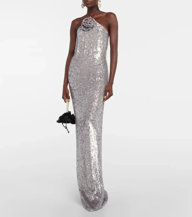 Silver Sequin Backless Evening Party Dress Partydress-241208