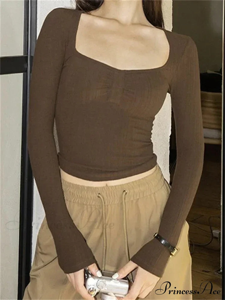 Solid Color Square Neck Ruched Crop Tops T-Shirts Brown / S
