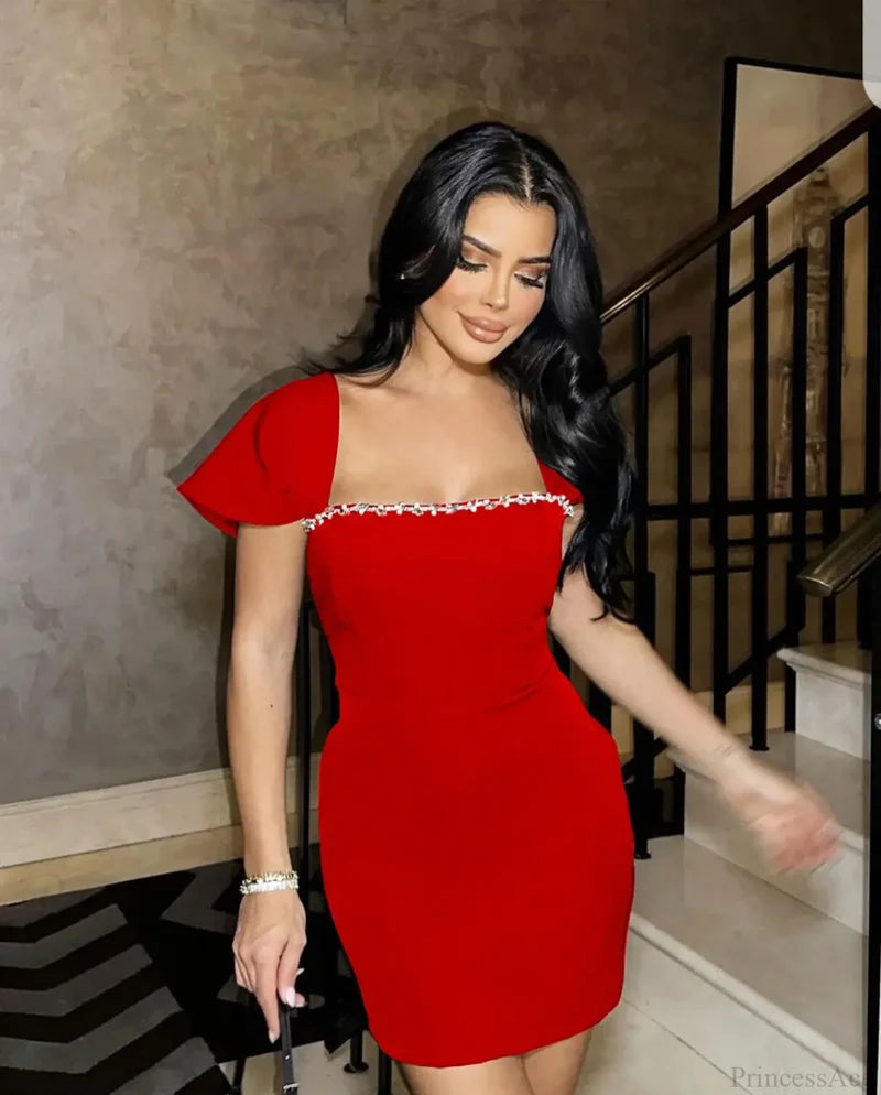 Square Collar Shining Crystal Party Dress Partydress-241208