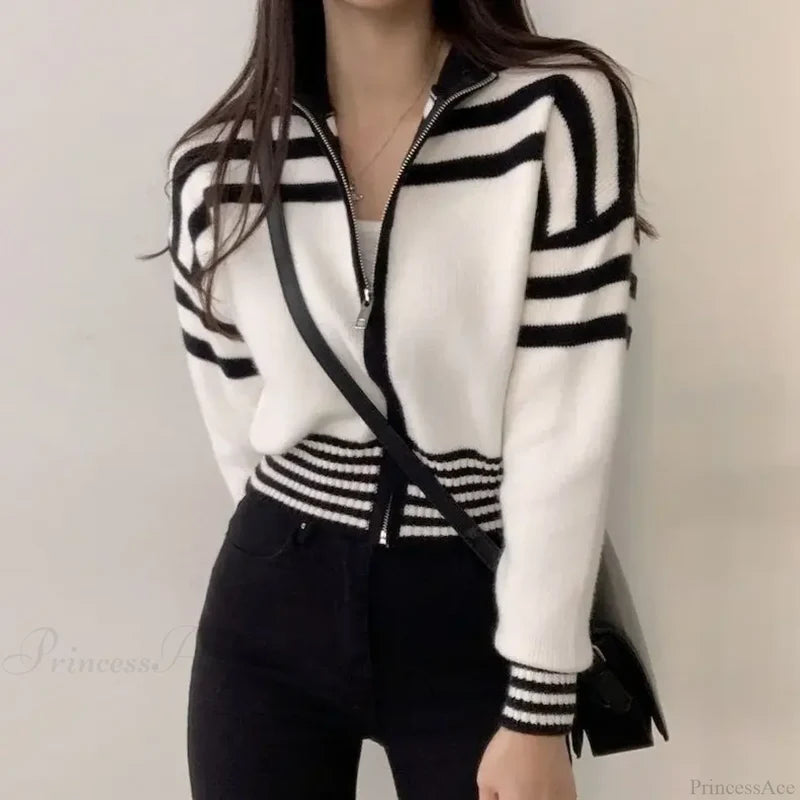 Striped Zipper Stand-Up Collar Cardigan WHITE / S