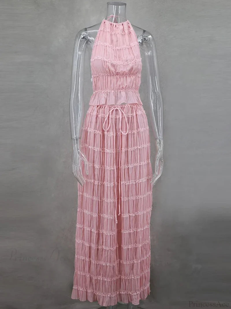 Summer Sexy Sleeveless Backless Top High Waist Skirt Beach Christmas Party Dress Pink / S