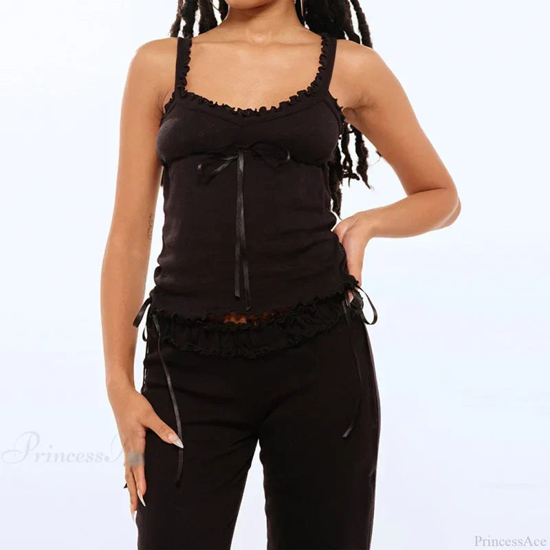 Tree Fungus Eyelet Sleeveless Cami Wide Leg Pants Two Pieces Set Black / S twopiecesset-250126