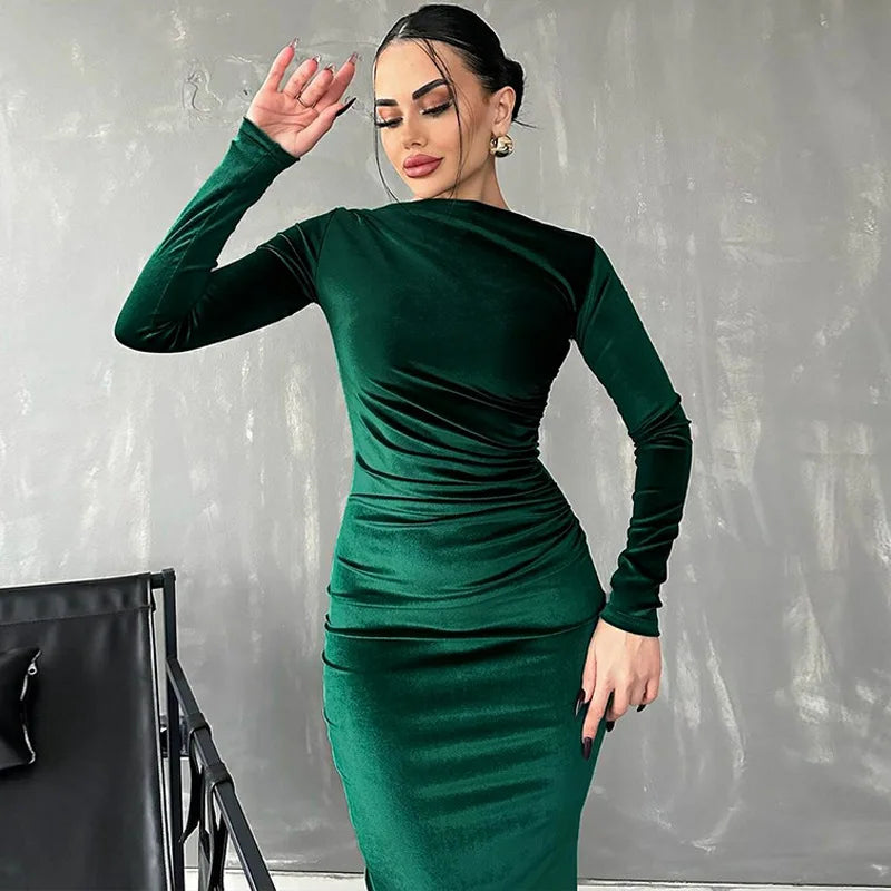 Velvet Long Sleeve Midi Dress - Elegant Party Clothes For Christmas Green / S Dresses-L
