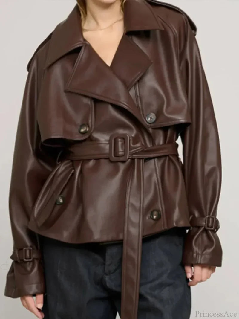 Vintage Brown Button PU Leather Coat dark brown / S