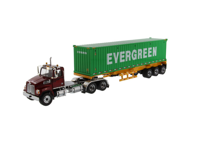 1:50 Western Star®  Diecast 4700 SB Tandem Truck-Tractor with 40′ Dry Goods Sea Container – Metallic red tractor + Yellow trailer + EverGreen container, Transport Series,  71049