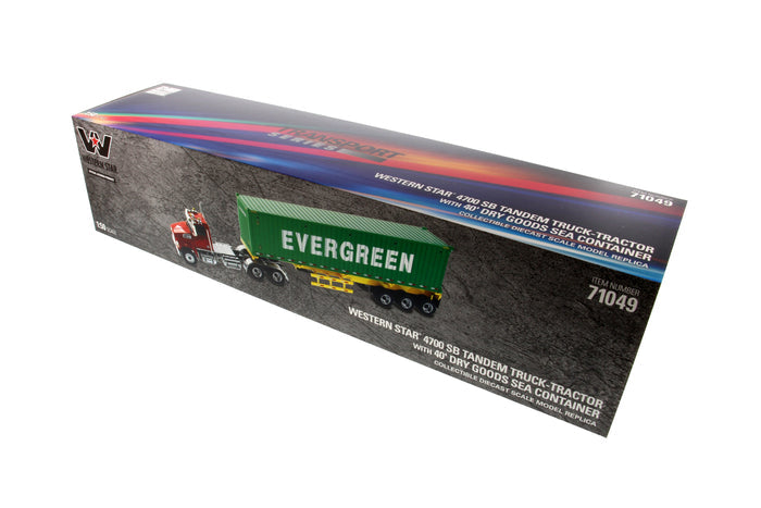 1:50 Western Star®  Diecast 4700 SB Tandem Truck-Tractor with 40′ Dry Goods Sea Container – Metallic red tractor + Yellow trailer + EverGreen container, Transport Series,  71049