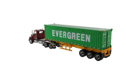 1:50 Western Star®  Diecast 4700 SB Tandem Truck-Tractor with 40′ Dry Goods Sea Container – Metallic red tractor + Yellow trailer + EverGreen container, Transport Series,  71049