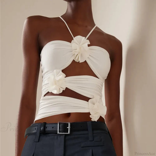 3D Floral Strap Halter Bodycon Crop Top croptop-250126