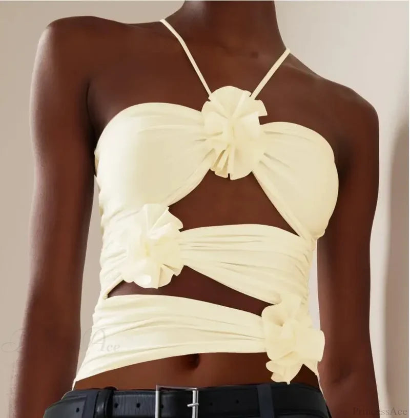 3D Floral Strap Halter Bodycon Crop Top APRICOT / S croptop-250126