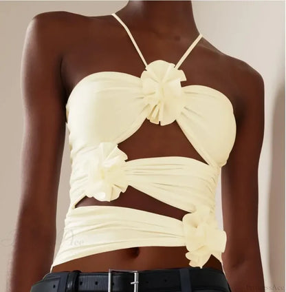 3D Floral Strap Halter Bodycon Crop Top APRICOT / S croptop-250126