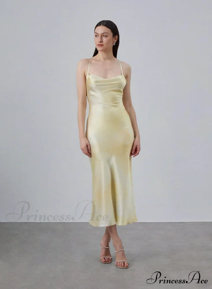 90S Forever Cowl Neck Graceful Maxi Silk Slip Dress 4 Days / 2 Xs Yellow