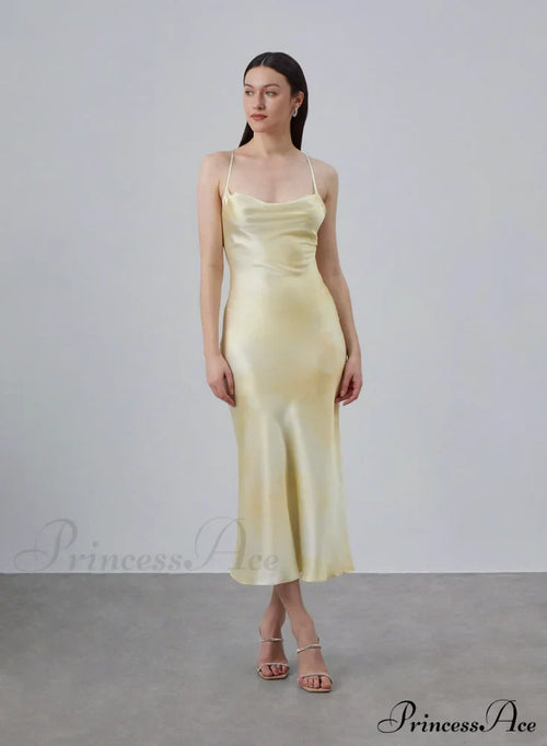 90S Forever Cowl Neck Graceful Maxi Silk Slip Dress 4 Days / 2 Xs Yellow