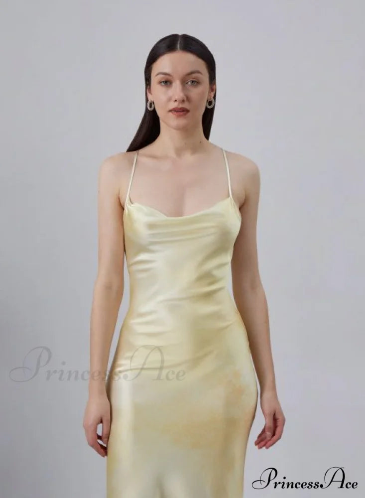 90S Forever Cowl Neck Graceful Maxi Silk Slip Dress 8 Days / 2 Xs Yellow