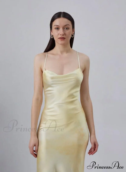 90S Forever Cowl Neck Graceful Maxi Silk Slip Dress 8 Days / 2 Xs Yellow