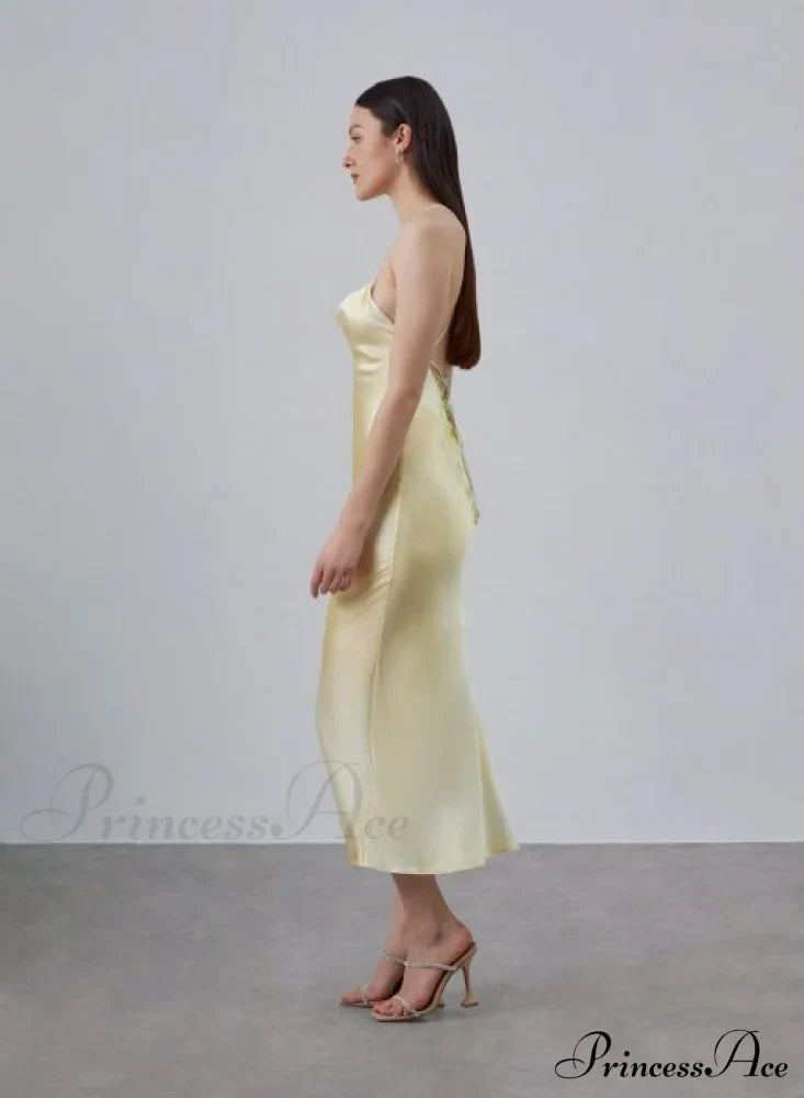 90S Forever Cowl Neck Graceful Maxi Silk Slip Dress 30 Days / 2 Xs Yellow