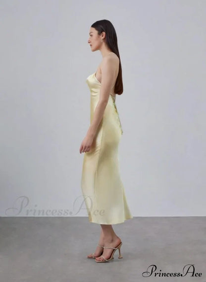 90S Forever Cowl Neck Graceful Maxi Silk Slip Dress 30 Days / 2 Xs Yellow