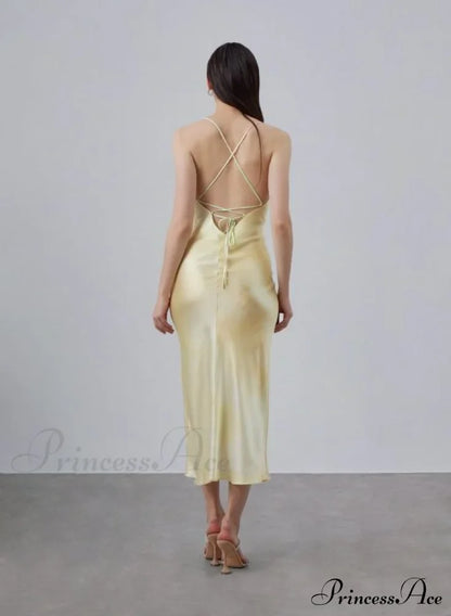 90S Forever Cowl Neck Graceful Maxi Silk Slip Dress Buy Now / 2 Xs Yellow