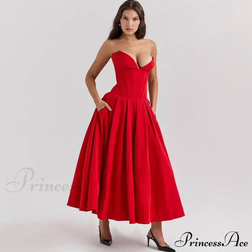 Adriana Midi A-Line Charming Strapless Corset Dress Red / Xs