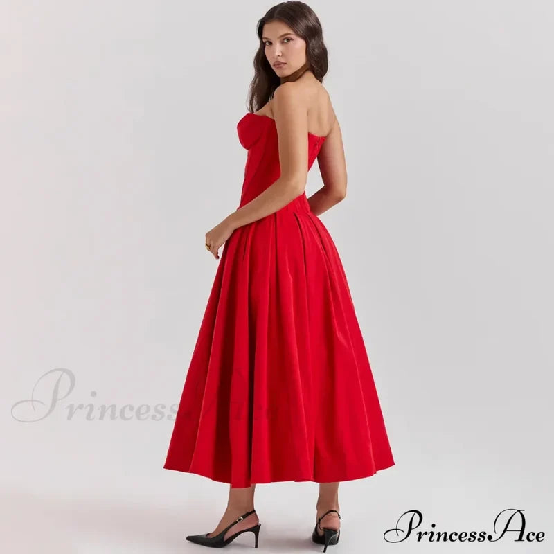 Adriana Midi A-Line Charming Strapless Corset Dress Red / M