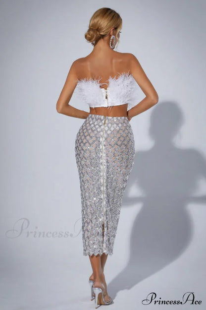 Ansley Strapless Feather Charming Mesh Skirt Set