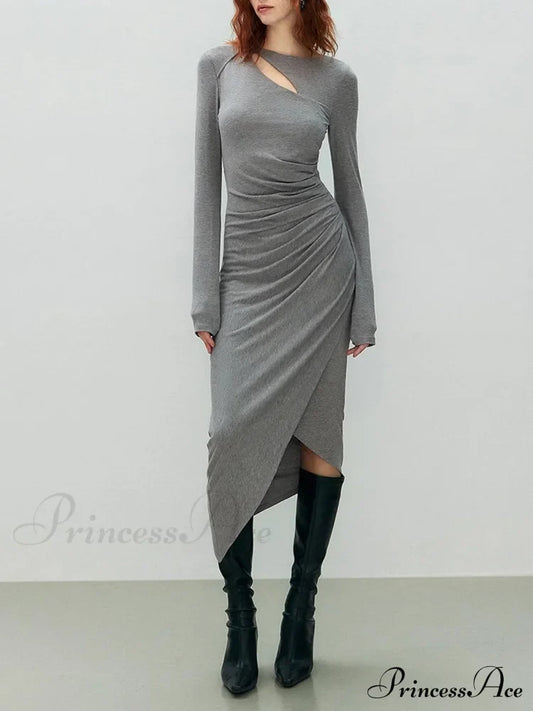 Asymmetrical Draped Cutout Crew Neck Classic Long Sleeve Midi Knit Dress Grey / Xs Dresses