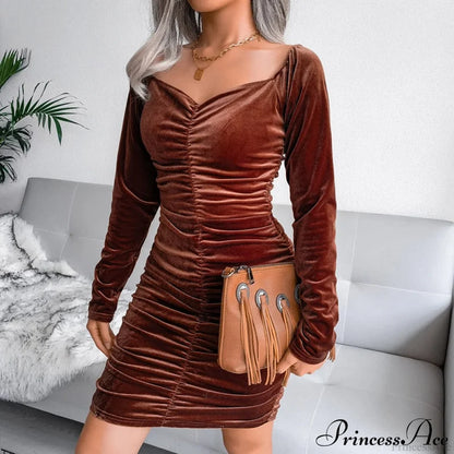 Autumn Long Sleeve Trendy Turtleneck Bodycon Mini Dress Style 2 Brown / S