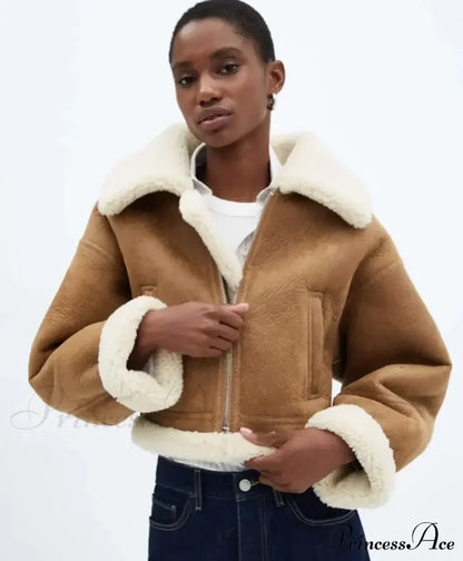 Autumn Vintage Faux Leather Cropped Warm Lapel Fleece Long Sleeve Stylish Coat Camel / S Coats-L