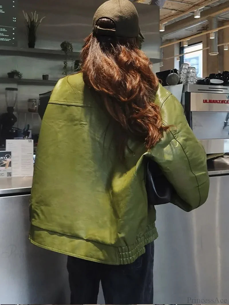 Avocado Green Single Breasted Leather Coat