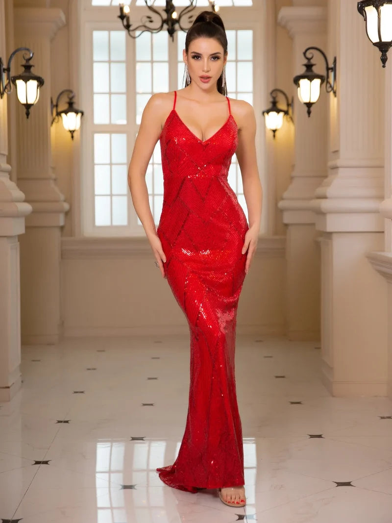 Backless Sequined Mermaid Party Dress Red / Xs Partydress-241208