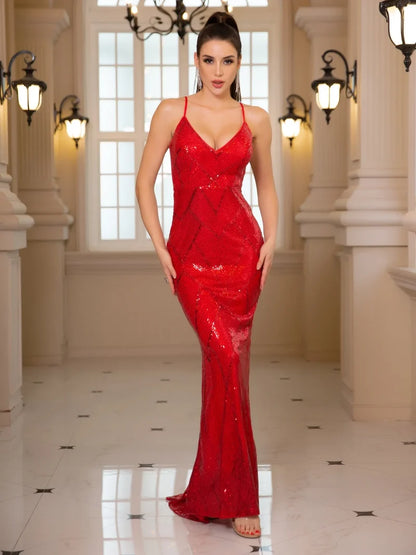 Backless Sequined Mermaid Party Dress Red / Xs Partydress-241208