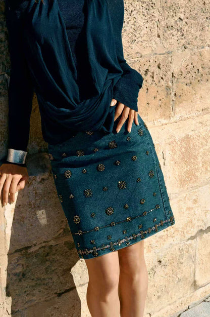Beaded denim skirt
