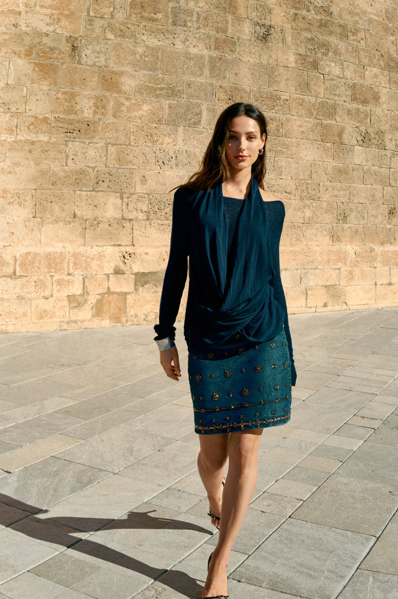 Beaded denim skirt